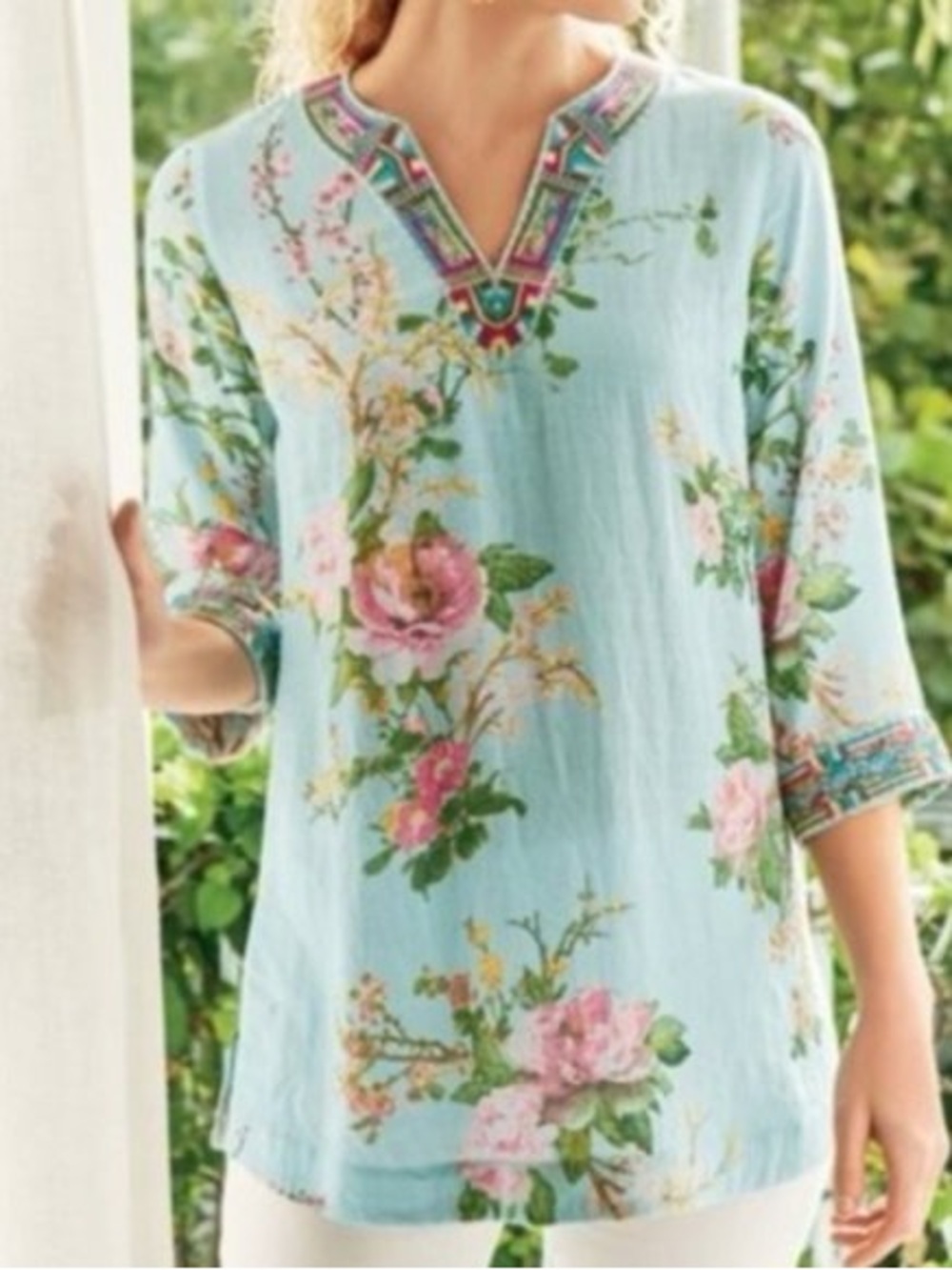 Soft Surroundings Pale Blue Floral Embroidered V-Neck Tunic